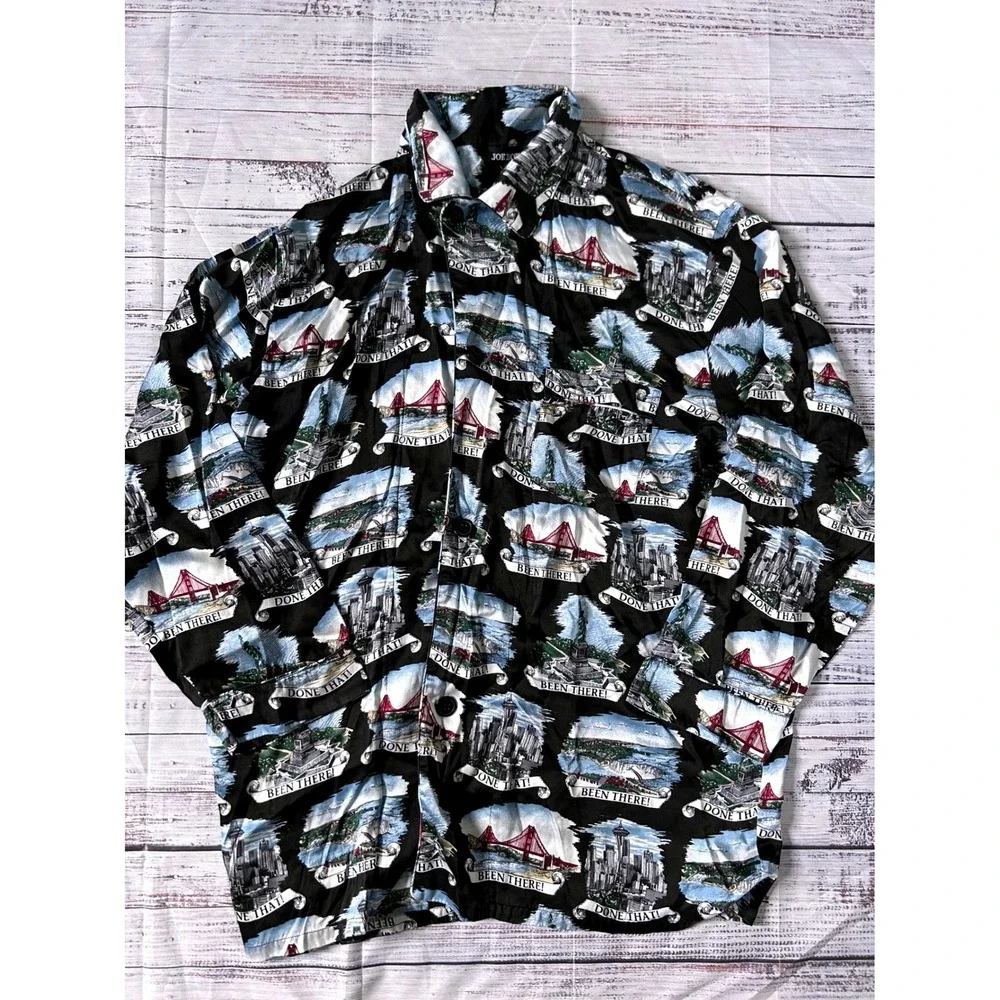 Joe Boxer VTG 100% Silk Pajama Set Men Black Novelty Travel Landmark Print Large